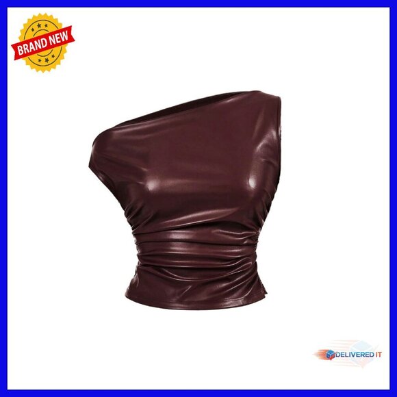 Tops - Off Shoulder PU Leather Tank Top Slim Fit Crop Y2K Clubwear